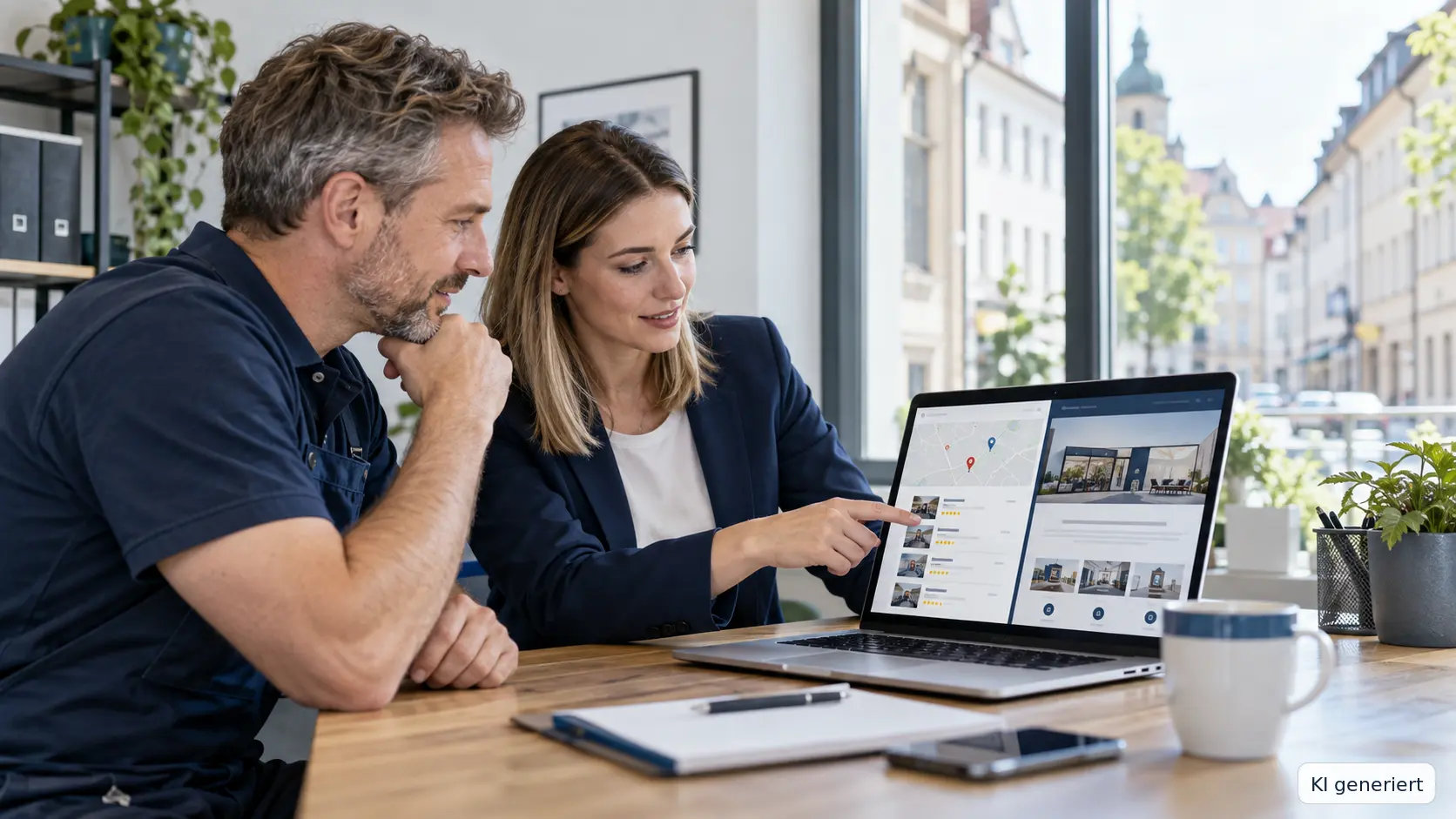Inhaberin eines kleinen Unternehmens stimmt ihr Google Unternehmensprofil mit ihrer Website ab. KI generiertes Bild.
