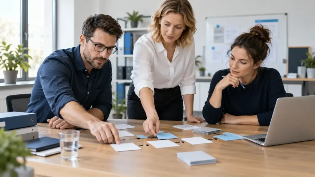 Team vereinfacht einen Arbeitsablauf vor der Digitalisierung. KI generiertes Bild.